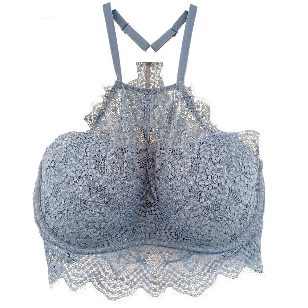 Pink VS Blue Gray Lace Halter Bralette Bra Women's S D-DD Scalloped Boho Hippie